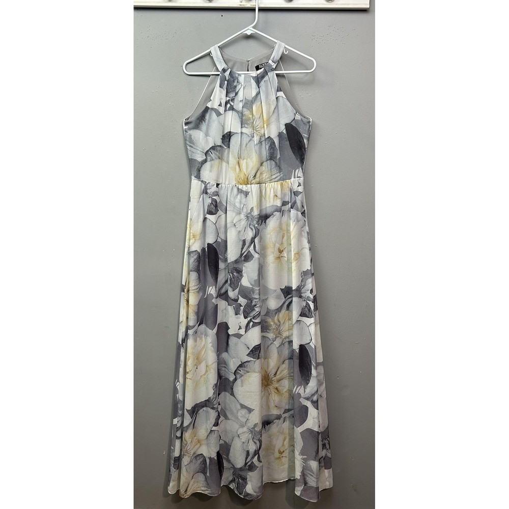 SLNY Dress Womens‎ 8 Gray White Floral Halter Maxi Sleeveless Pockets SL171145